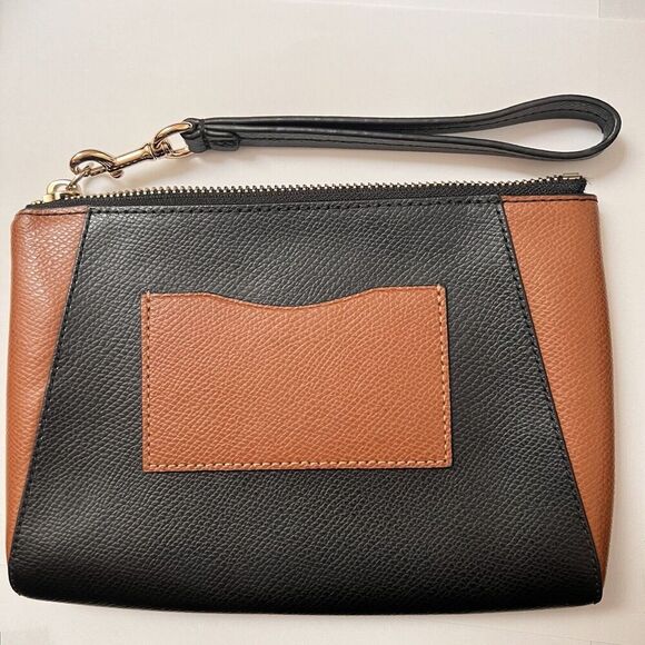 Coach Morgan Crossgrain Leather Clutch Wristlet Black Saddle Color Block - Picture 5 of 8